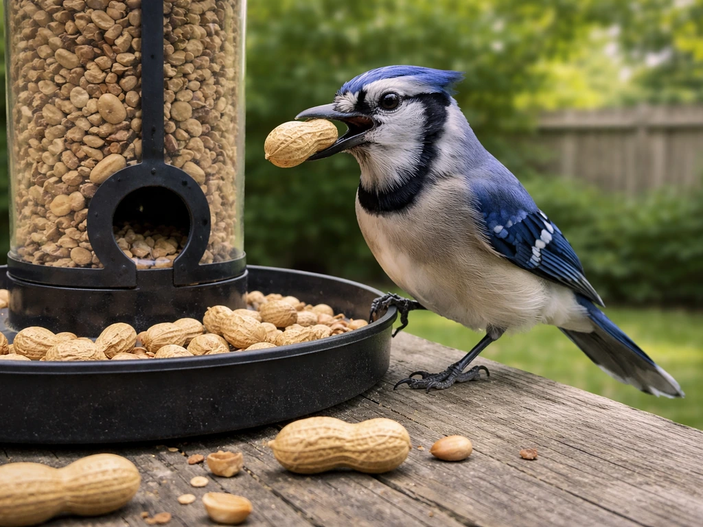 Blue jay perched at a backyard feeder with peanuts scattered in view.