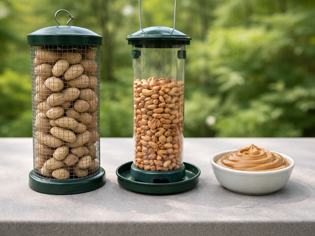 Three feeders on a table showing in-shell peanuts, shelled peanuts, and peanut butter.