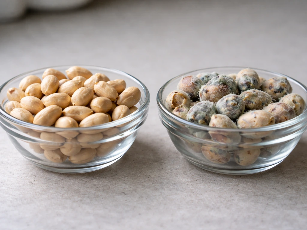 Close-up of a bowl of clean dry peanuts next to a bowl of visibly moldy, spoiled peanuts.