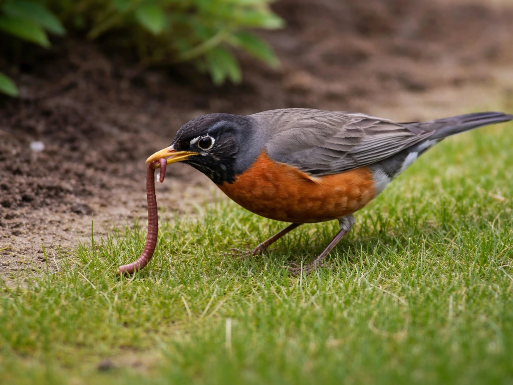 Robin-like bird foraging on grass, holding a worm in its beak, blurred garden background.
