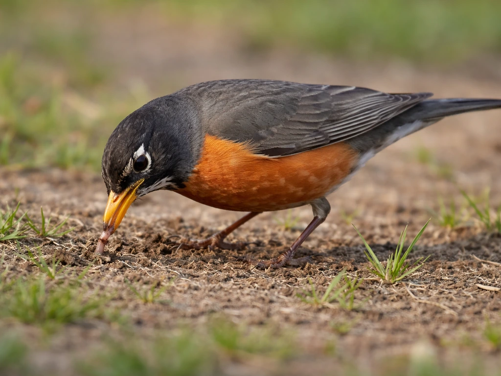 American robin foraging on short lawn and soil, upright posture, orange breast and yellow bill visible.