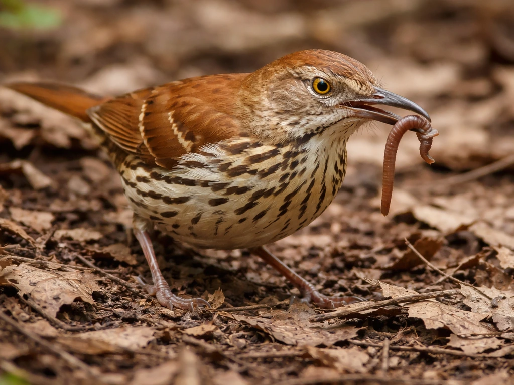 A brown thrasher forages in leaf litter with a long downcurved bill and streaked white breast holding a worm.