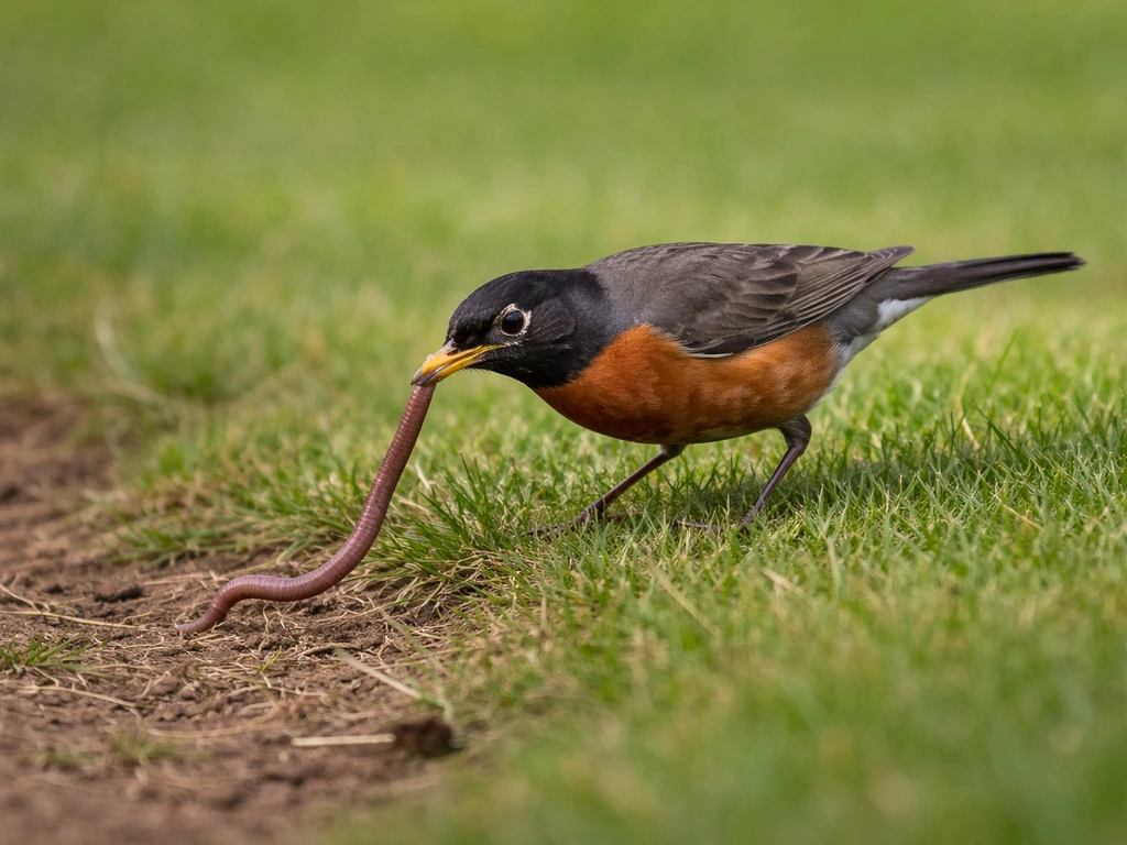 An American robin pauses and tilts its head, pulling a worm backward on the grass.