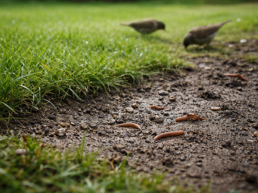 Moist short-grass patch beside bare soil with visible earthworms attracting birds safely