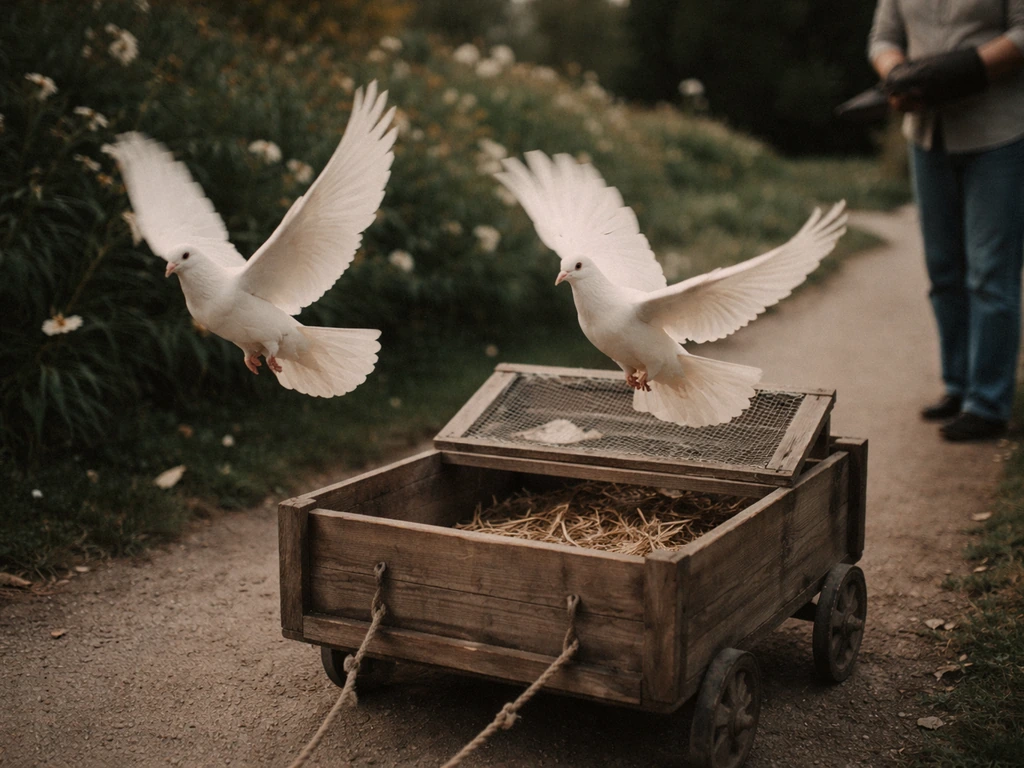Archival-style scene of white doves released from a small cart in an outdoor garden at dusk