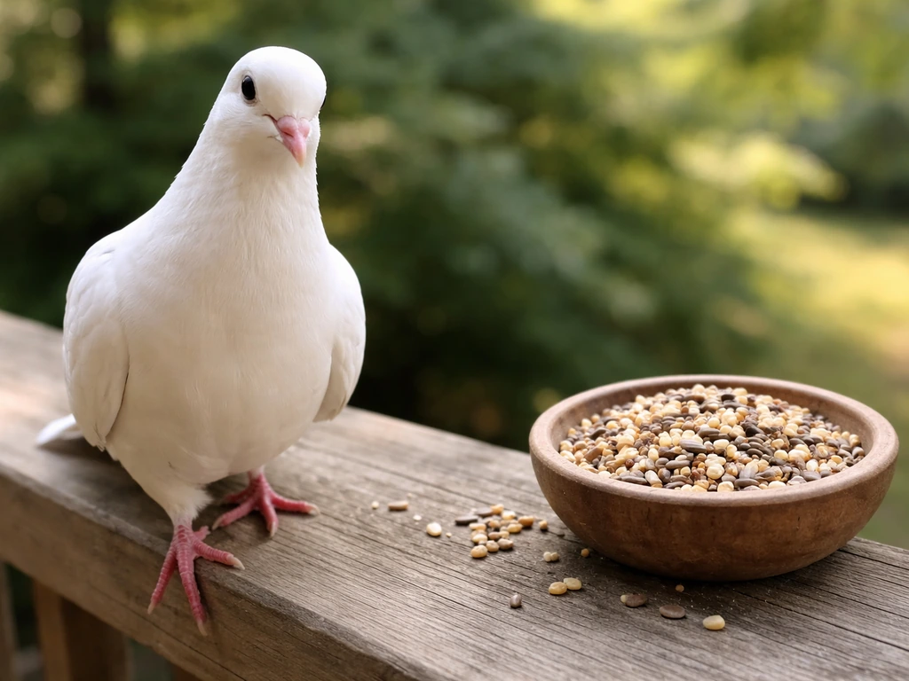 White domestic dove perched on wood with mixed seeds and grains beside it.
