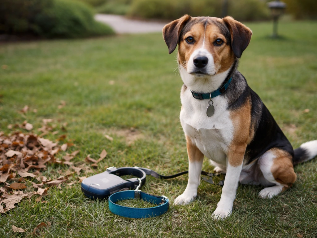 Alert dog on a grassy lawn beside its leash, suggesting health-risk from wild bird exposure.