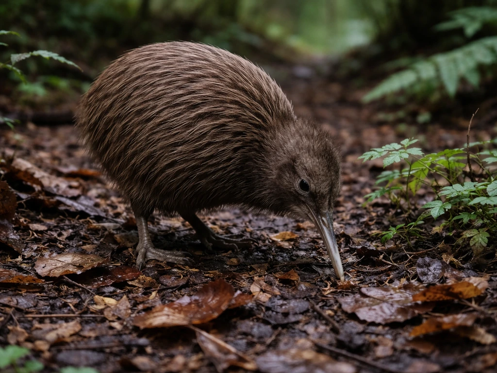 A kiwi bird foraging in leaf litter, showing its natural ground-feeding habitat.