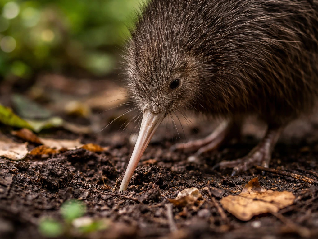 Close-up of a kiwi-like bird probing soil and leaf litter for invertebrates with a long bill