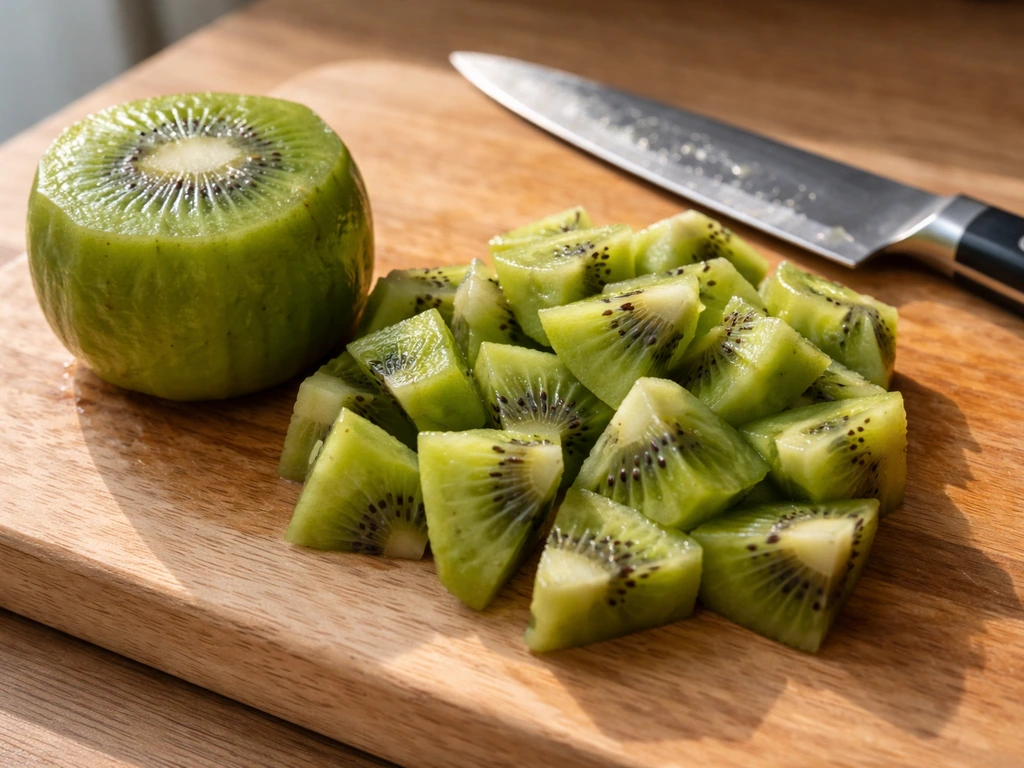 Peeled kiwi fruit pieces on a cutting board, ready to portion for a small bird