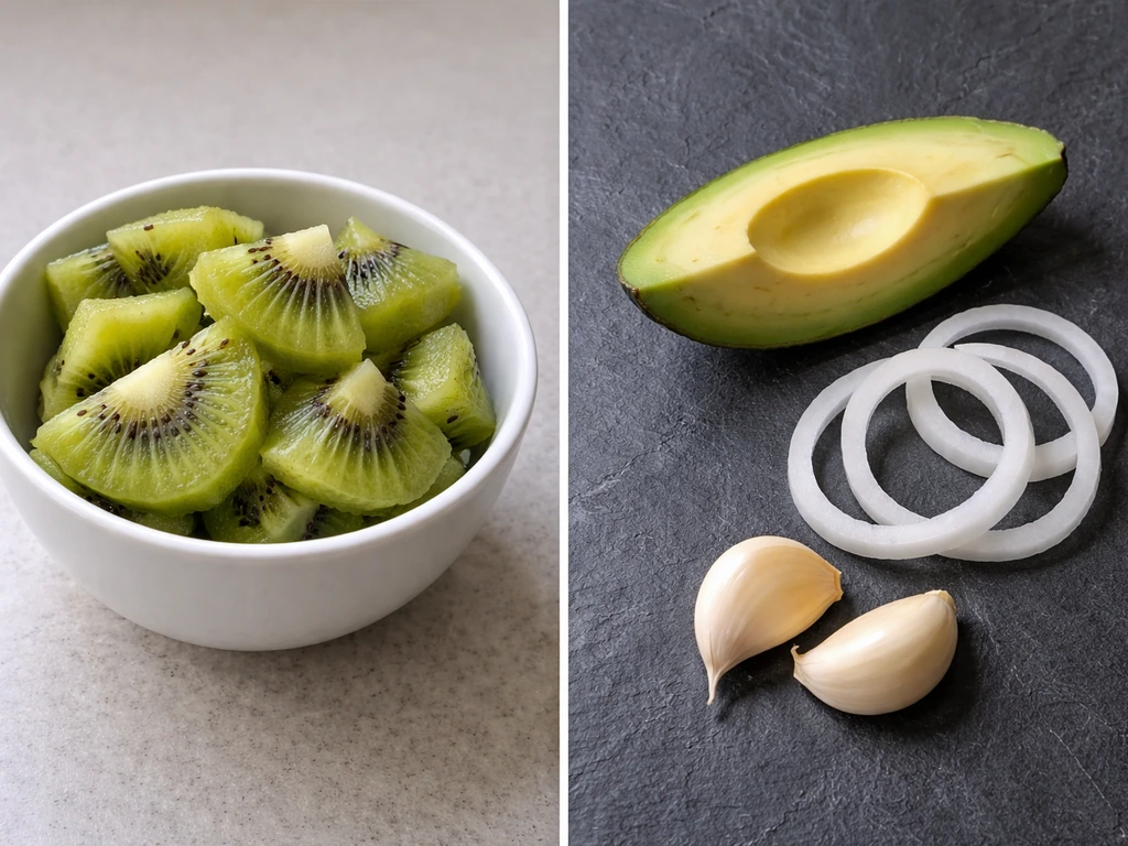 Kiwi fruit in a bowl beside separate avocado, onion rings, and garlic on a dark slate surface.