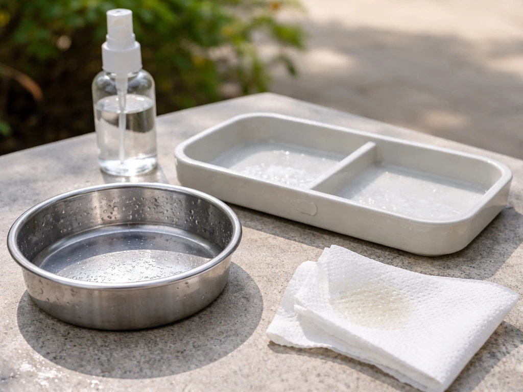 Clean bird feeder dish on a tray with fresh rinse water and a nearby damp paper towel.