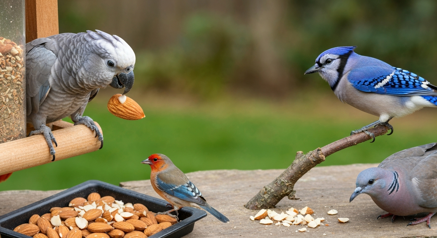 Backyard scene with several bird species (parrot, blue jay, finch, dove) feeding on whole and chopped unsalted almonds at different feeders.