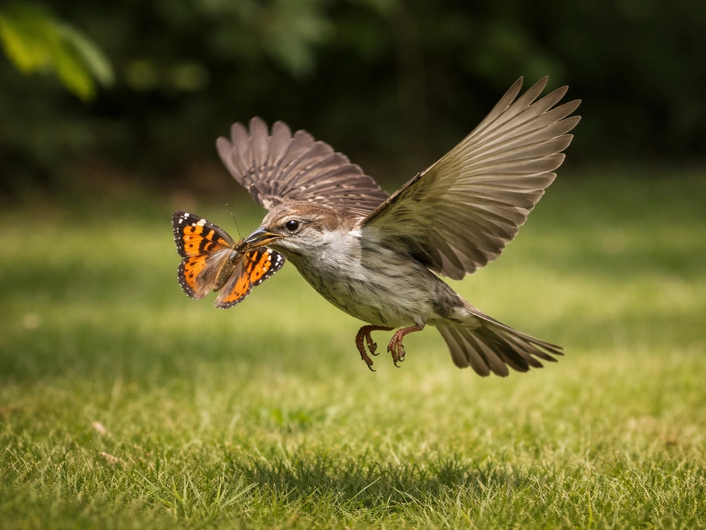 A small yard bird caught mid-air grabbing a butterfly, predator-prey moment on a sunny lawn
