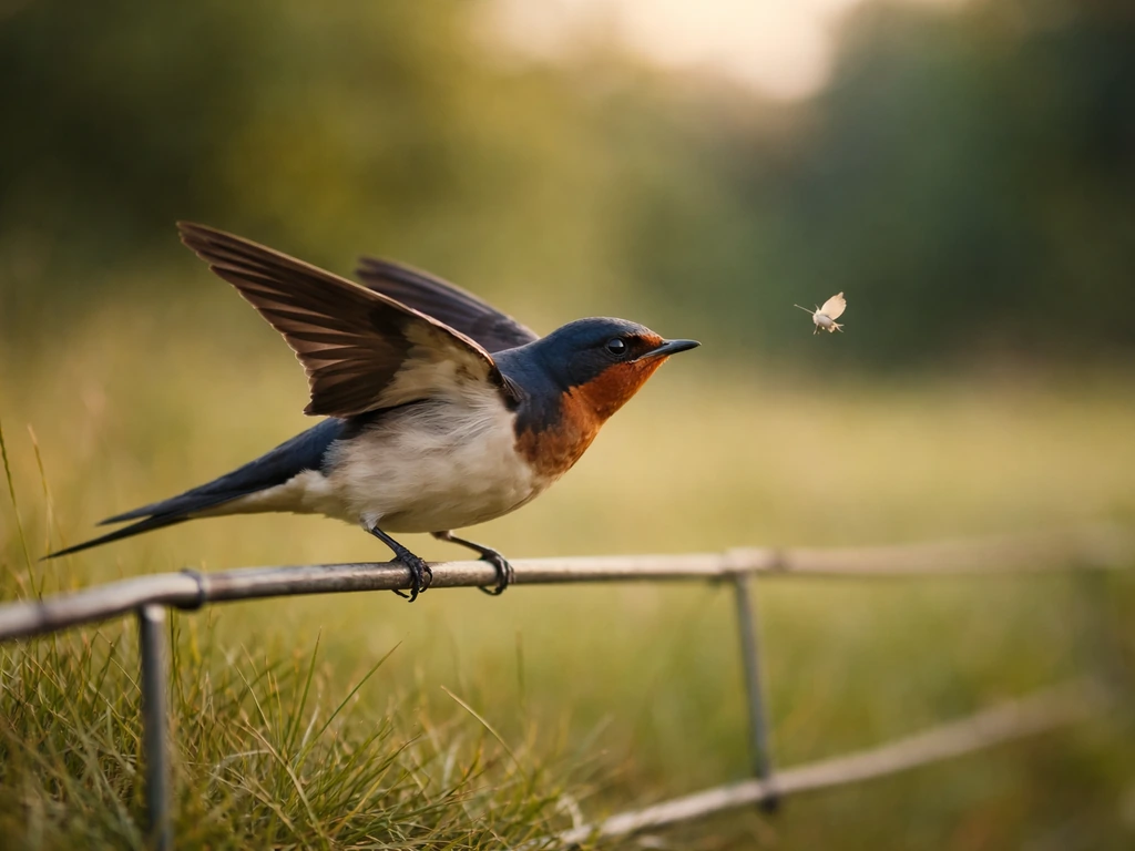 Eastern kingbird or barn swallow perched on a wire, poised to catch an insect in midair