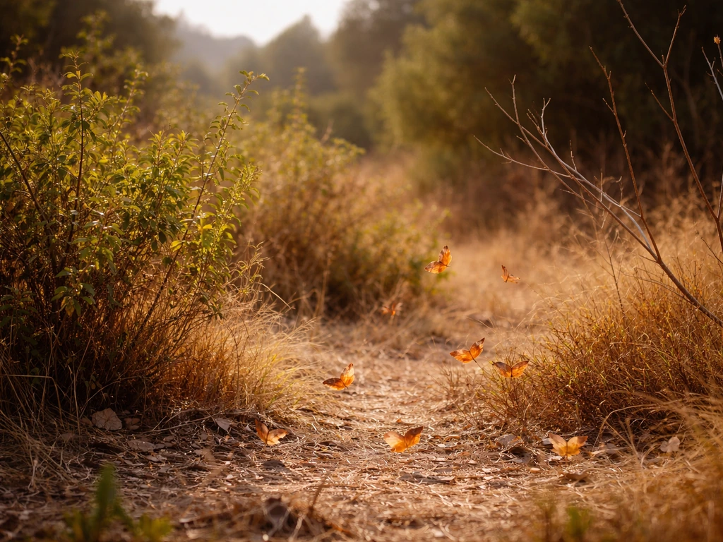 Sunlit Mexico-inspired shrubs and grasses in an overwintering habitat with fluttering wings and empty perches.