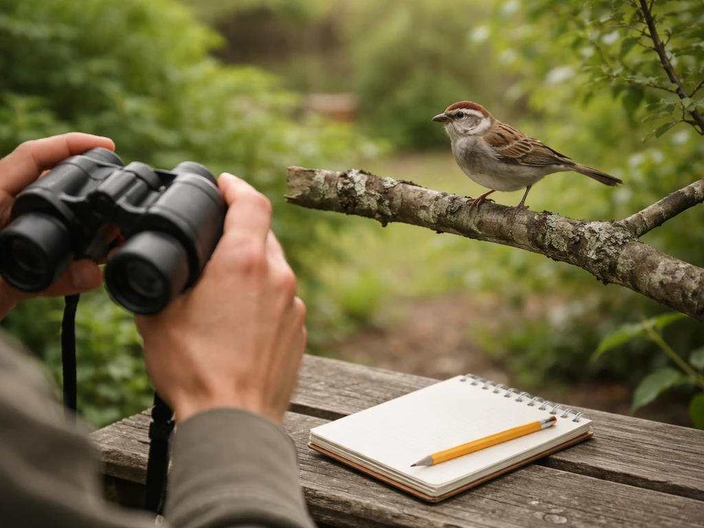 Person observing a small backyard songbird perched on a branch with binoculars and a notebook