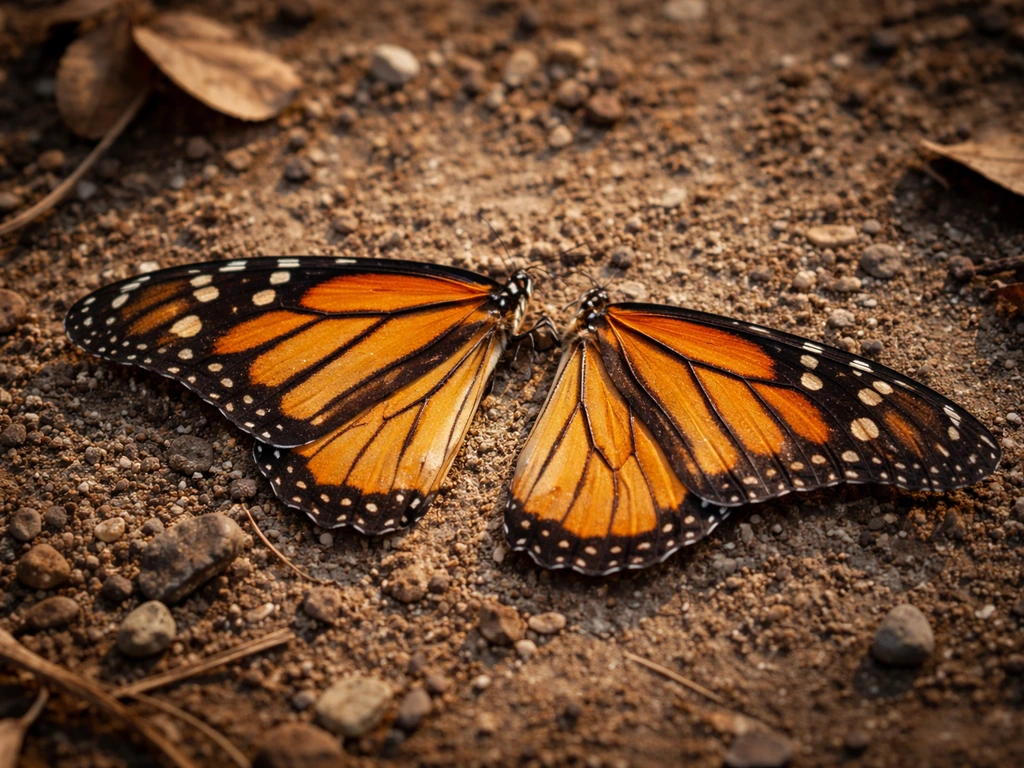 Close-up of butterfly wings on the ground with the body missing, showing torn-wing predation damage.