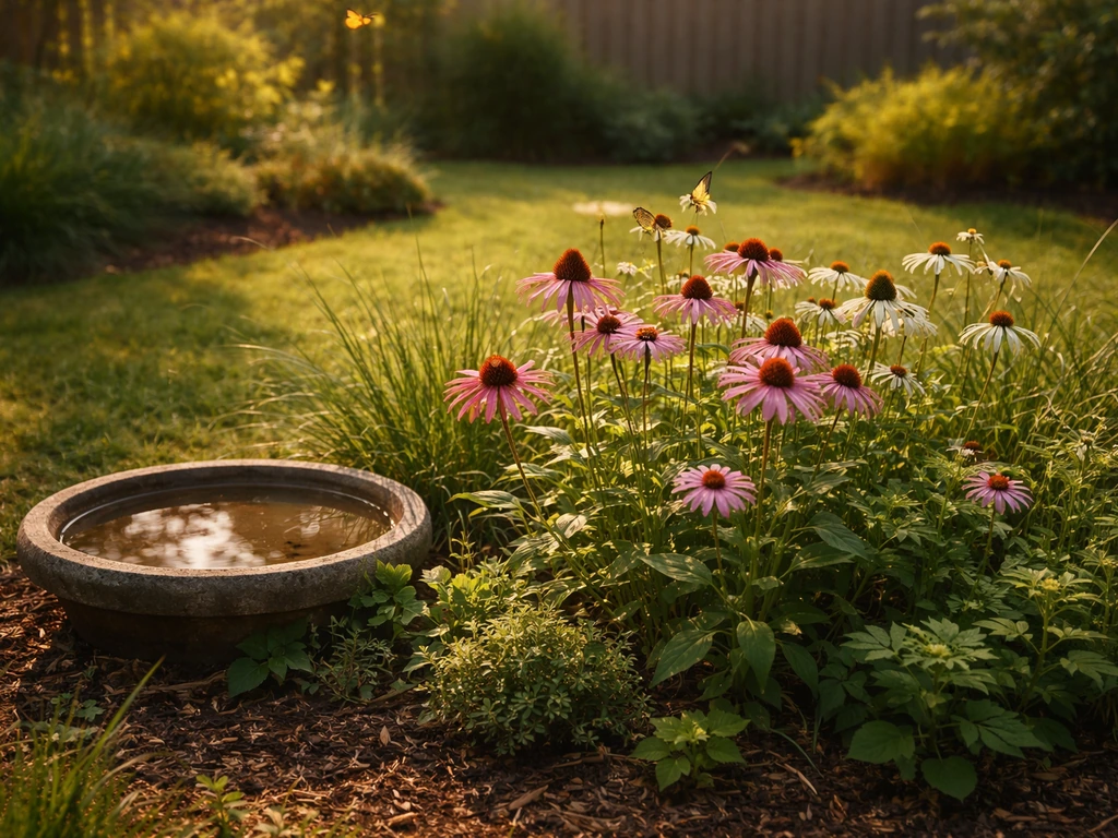 Native flowering garden with a birdbath and healthy butterfly-friendly plants in morning light.
