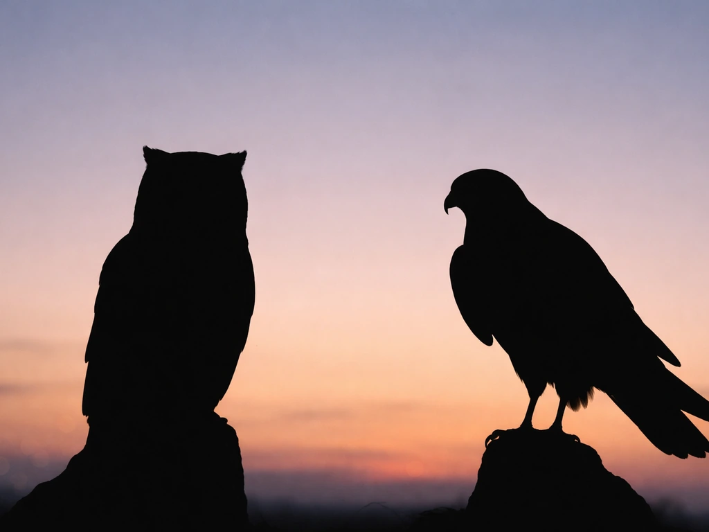 Minimal owl and hawk silhouettes side by side, representing two main bird groups that eat mice.
