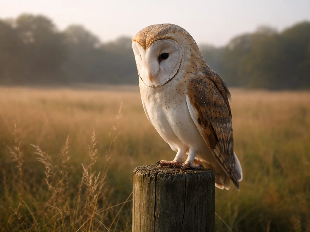 Barn owl perched near an open field, wings slightly tucked, poised as if hunting.