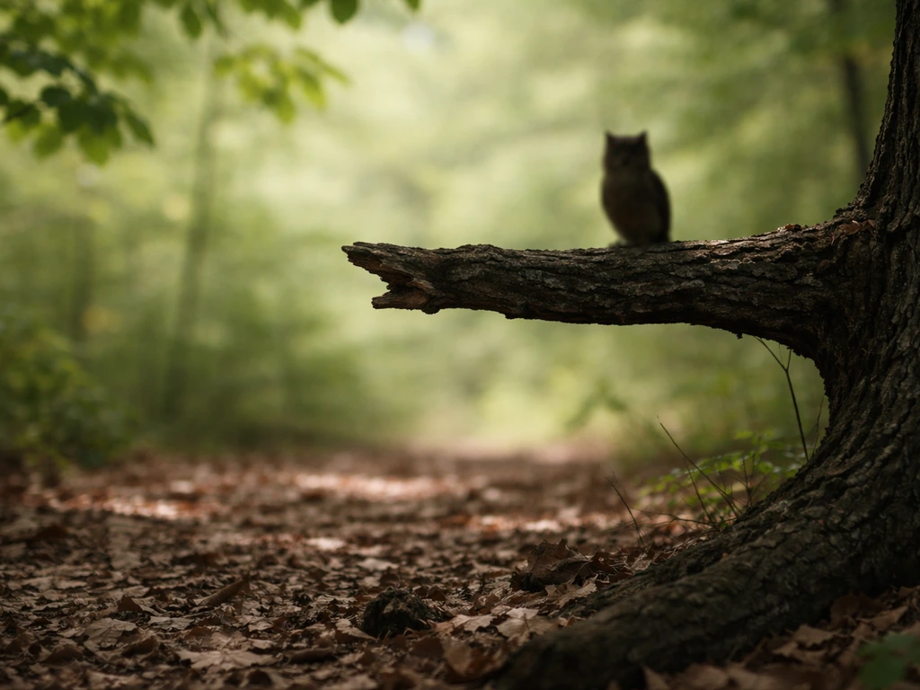 Soft-focus owl silhouette near an outdoor edge perch at daytime, evoking a small predator in calm light.