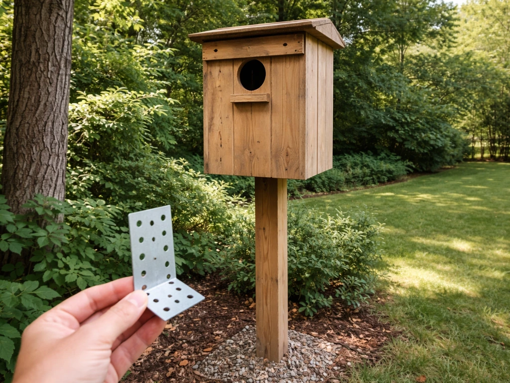 Wooden owl nest box mounted on a backyard post, with a hand placing safe fasteners near it.