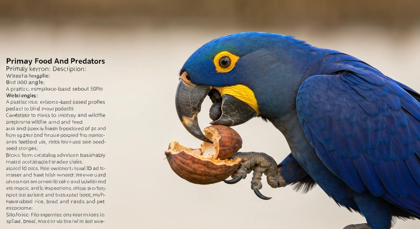 Hyacinth Macaw cracking a palm nut with its powerful beak; cobalt-blue plumage and yellow eye-ring visible.