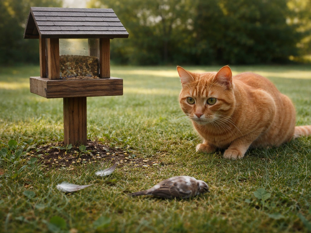Orange tabby cat by a backyard bird feeder with scattered feathers on the grass nearby.