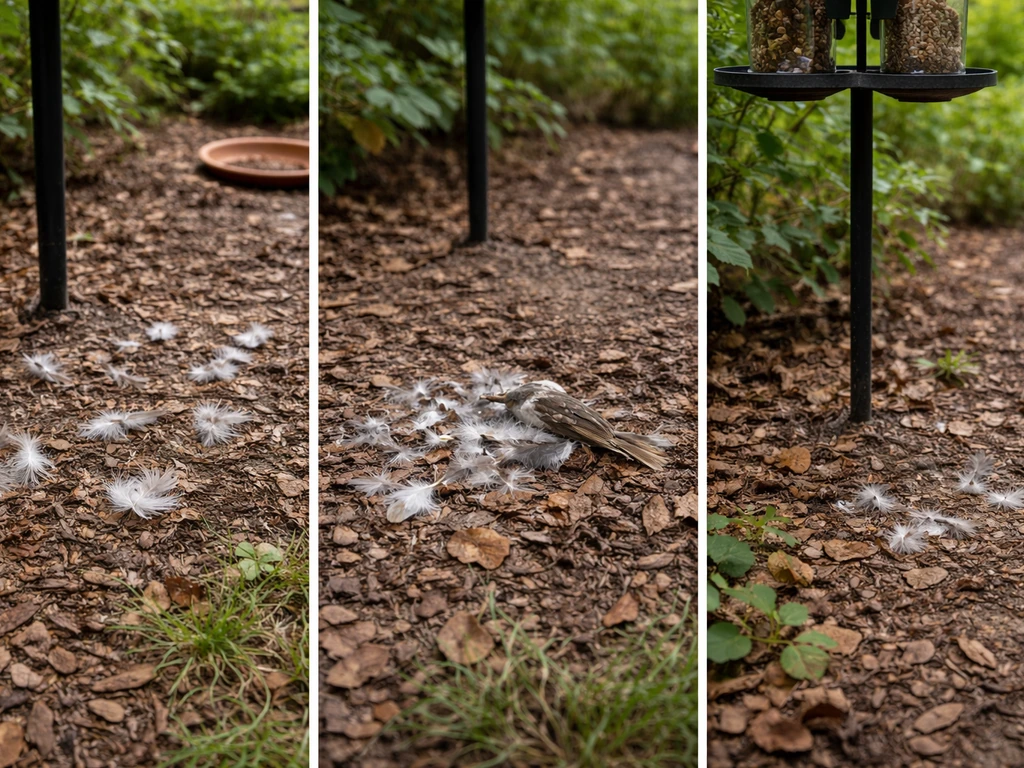 Three-panel-style photo showing aftermath of a cat catching a bird: feathers on ground, bird partly remains, feeder scen