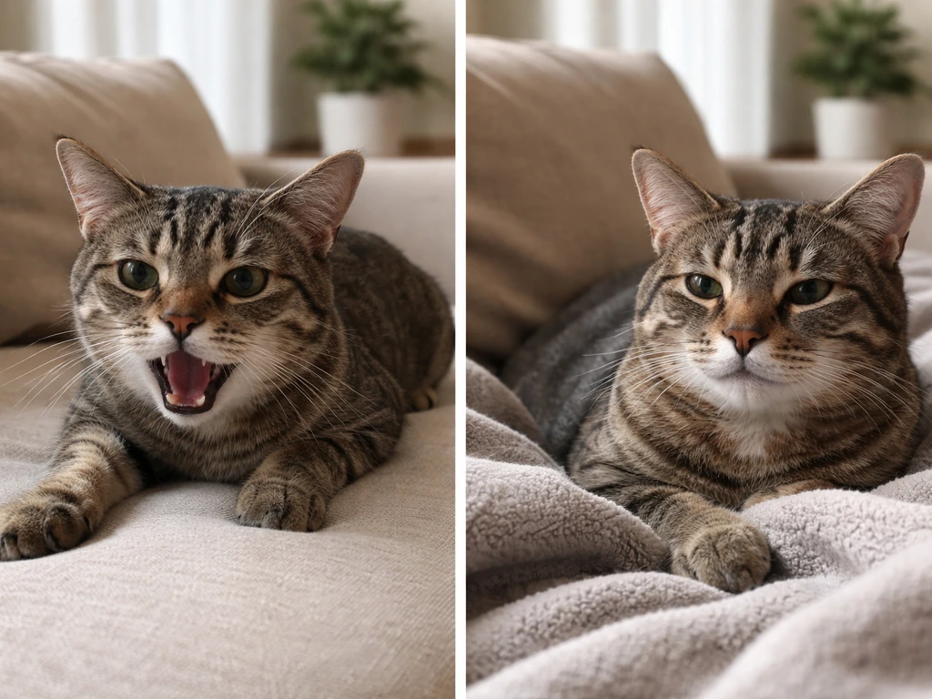 Two cats in the same room: one distressed with open-mouth breathing, the other calm resting.