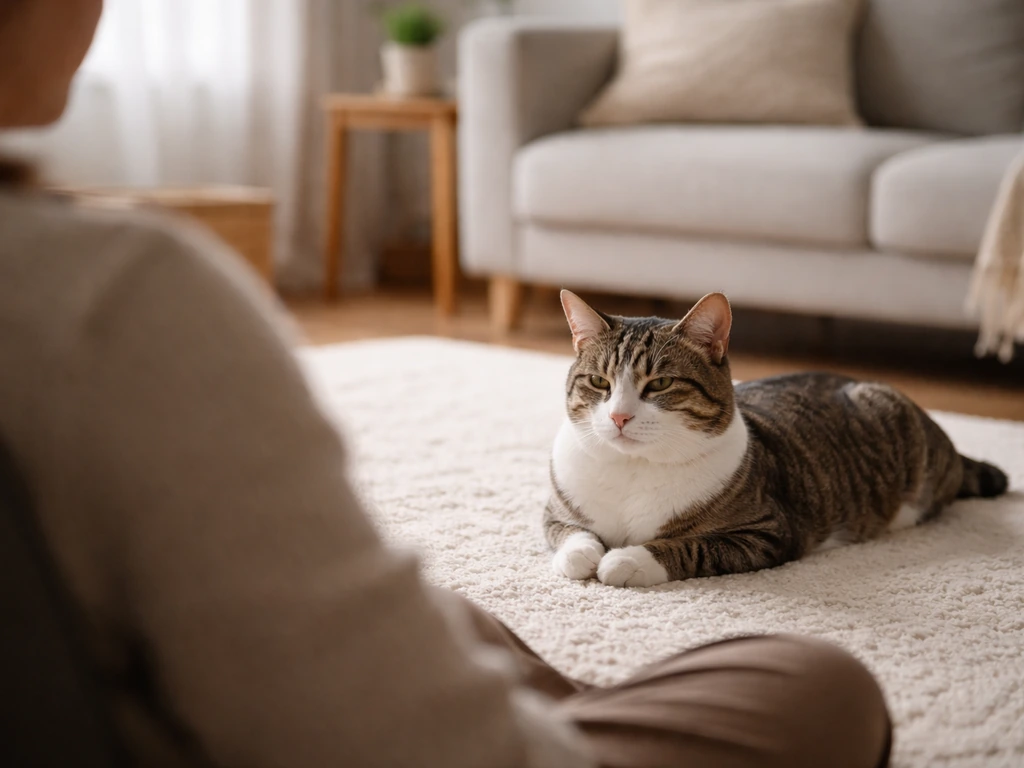 Calm indoor cat resting while a pet owner watches from a safe distance, suggesting home monitoring