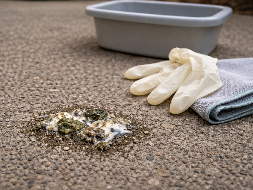 Macro close-up of bird droppings on concrete with gloves and a cleaning cloth for safe cleanup.