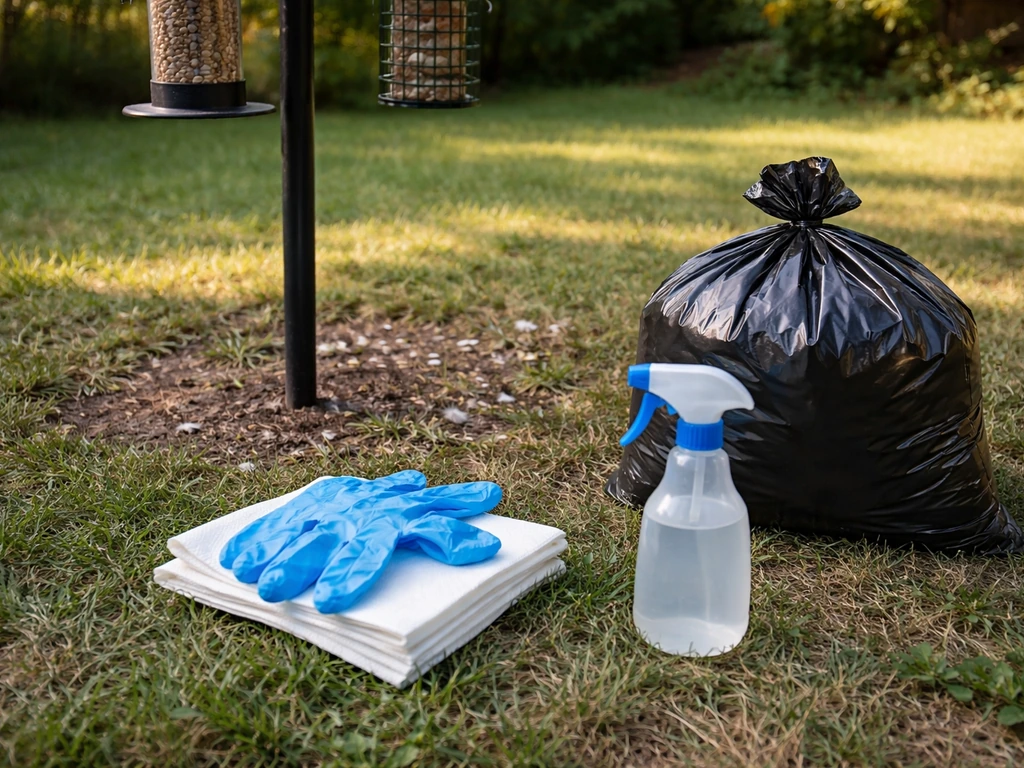 Disposable gloves and paper towels near a bird feeder, with a sealed trash bag and disinfectant for cleanup.
