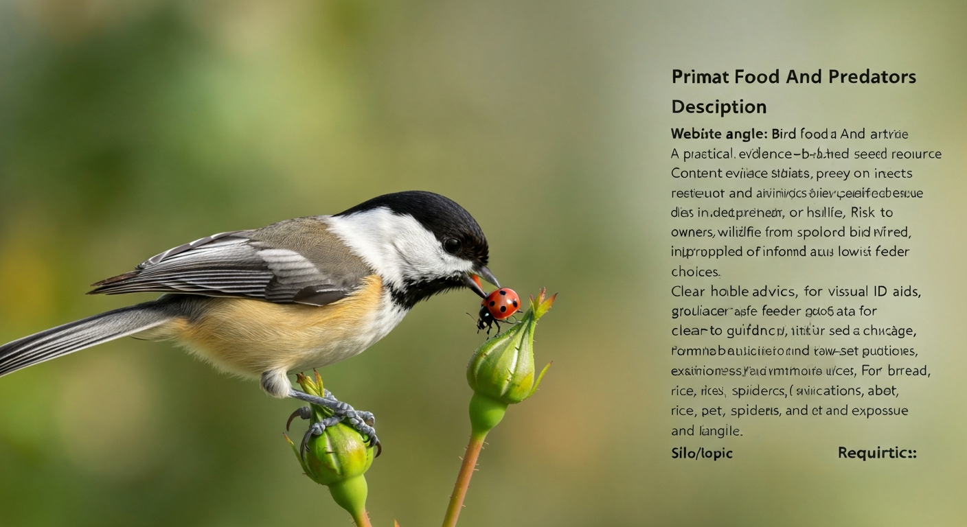 Black-capped chickadee picking up a red-and-black ladybug from a rosebud in a garden.