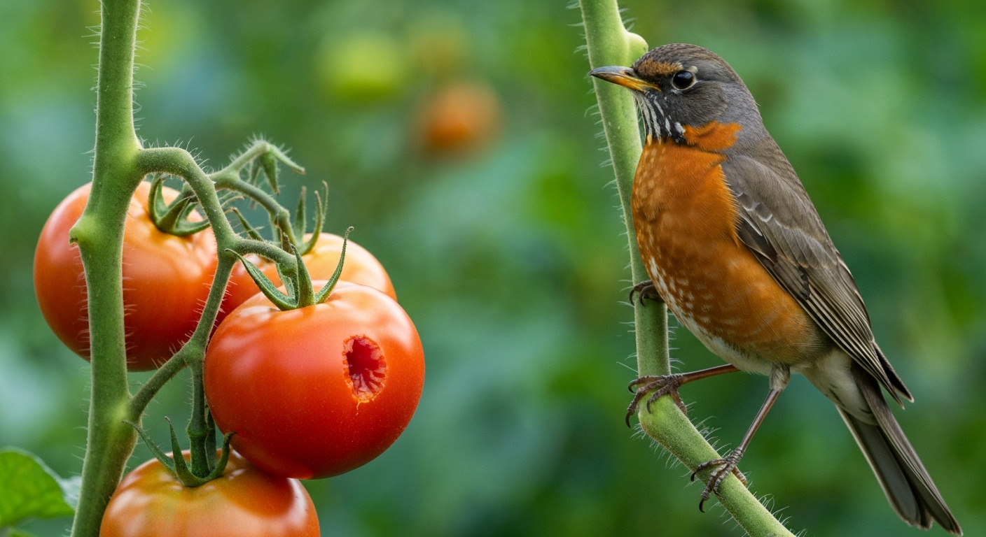 American Robin near ripe tomato with a small peck wound in a backyard garden.