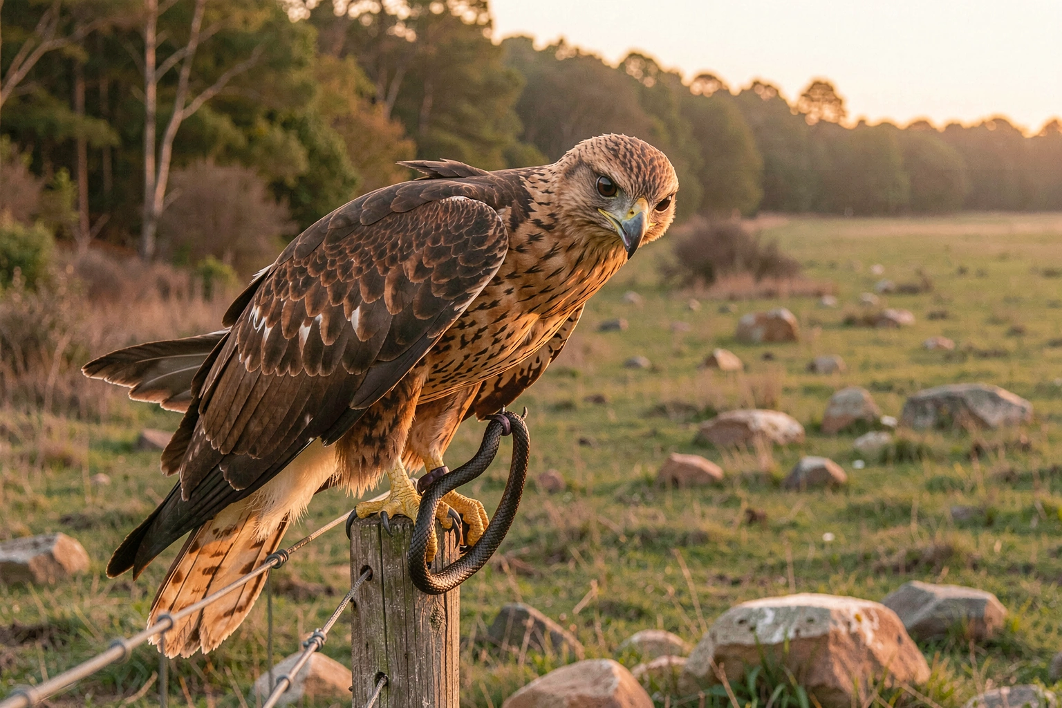 Snake-eating raptor hunting over habitat edges where snakes live