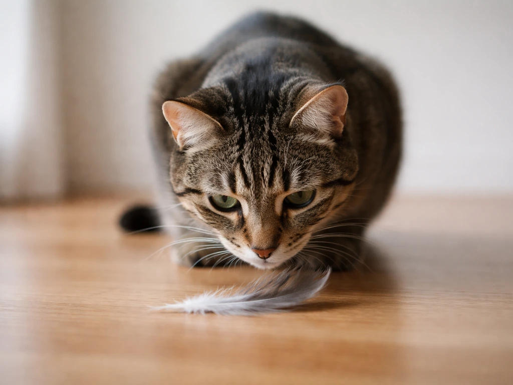 A cat sniffing a loose bird feather on the floor, with the feather sharply visible to suggest ingestion risk.