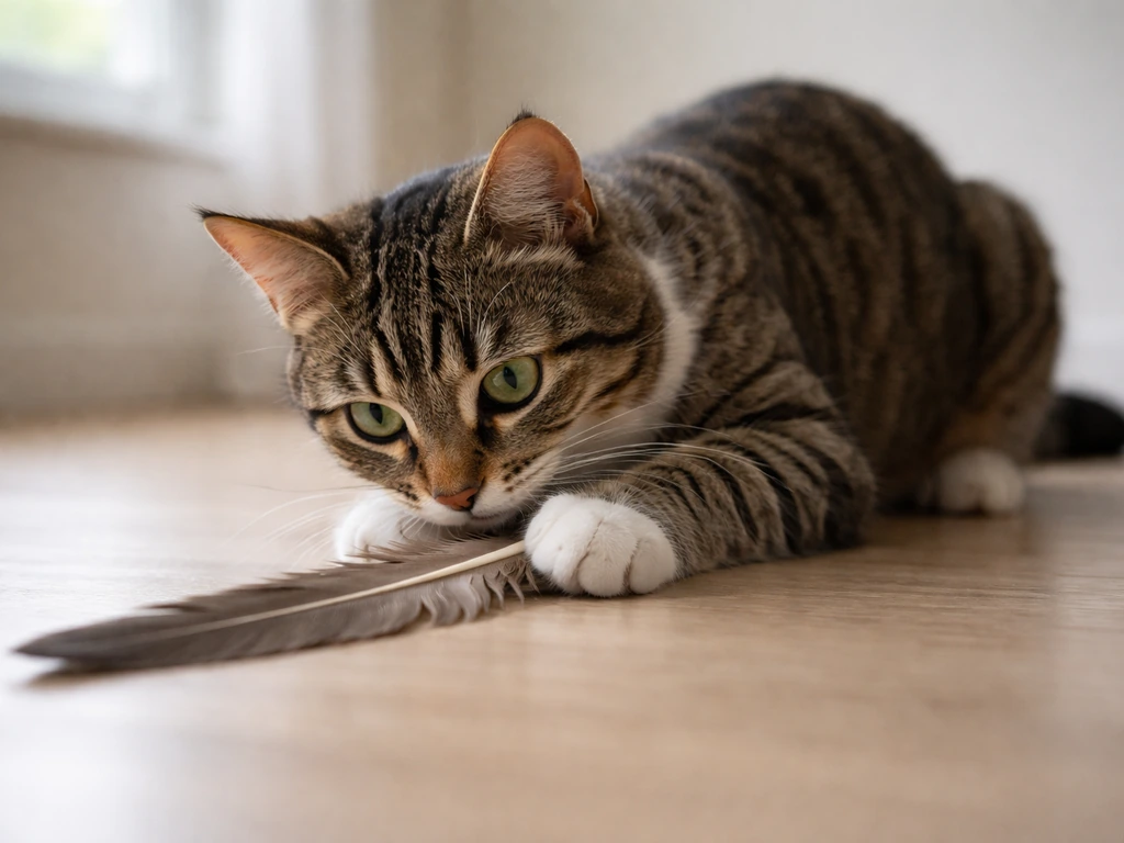 A cat pawing and chewing a shed bird feather on a plain indoor floor