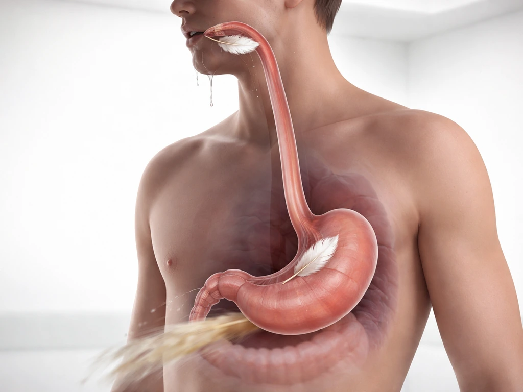 Photo-realistic view of a feather lodged in throat and GI tract with drooling and vomiting symptoms