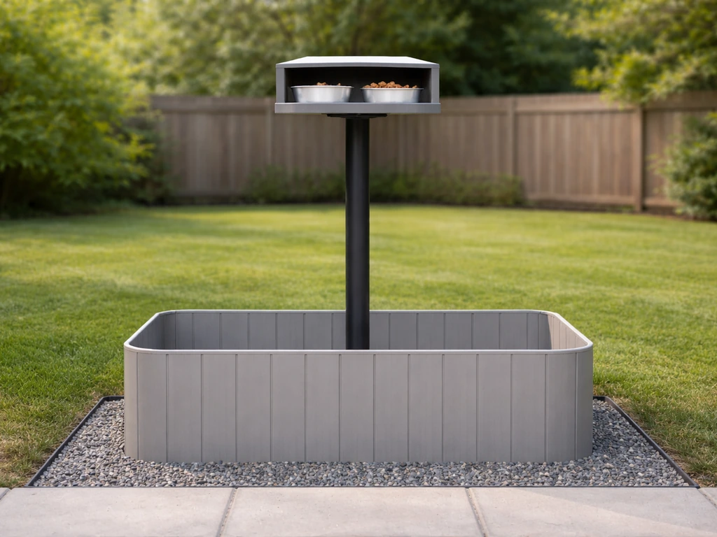 Elevated backyard cat feeder on a pole with a ground barrier blocking easy access.