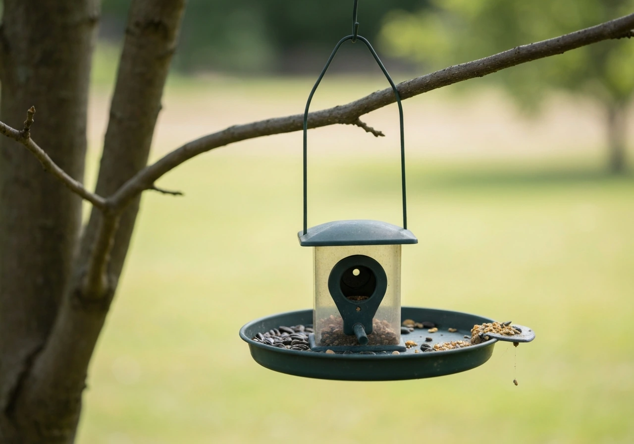 Backyard bird feeder with a seed tray showing a small patch of soiled debris near the feeding area