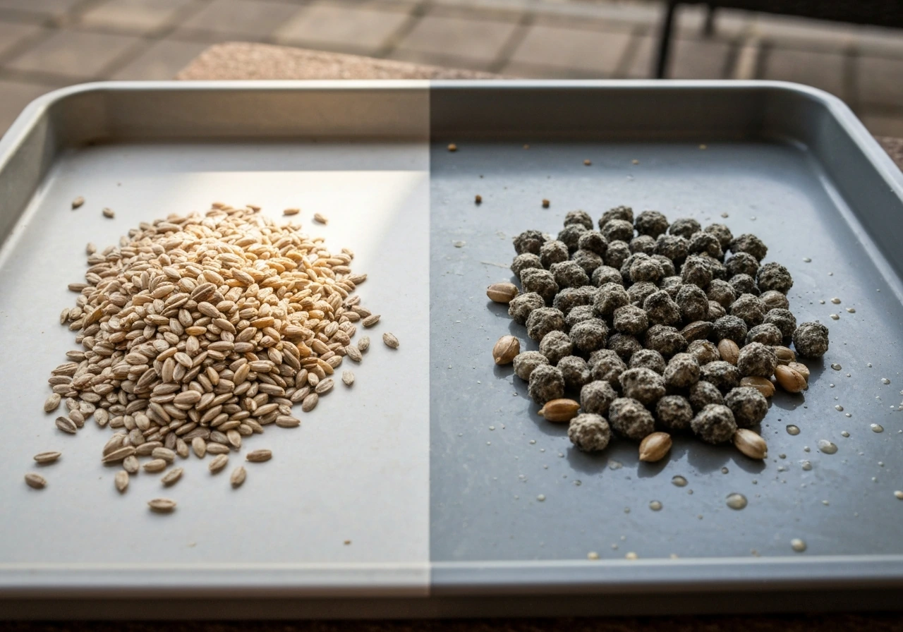 Split image: clean dry bird seed vs wet clumped moldy seed on a feeder tray