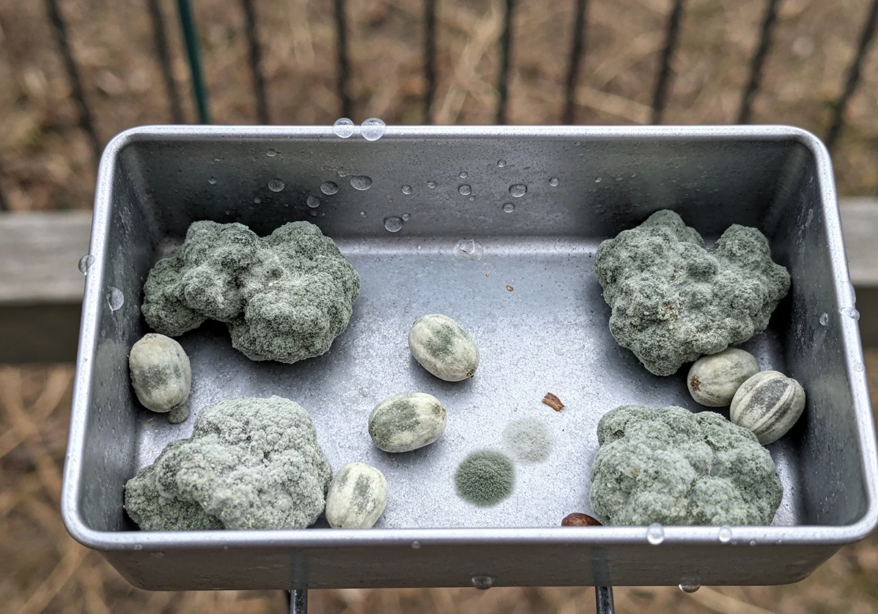 Close-up of damp clumped birdseed in a feeder with gray-green mold patches and degraded texture.