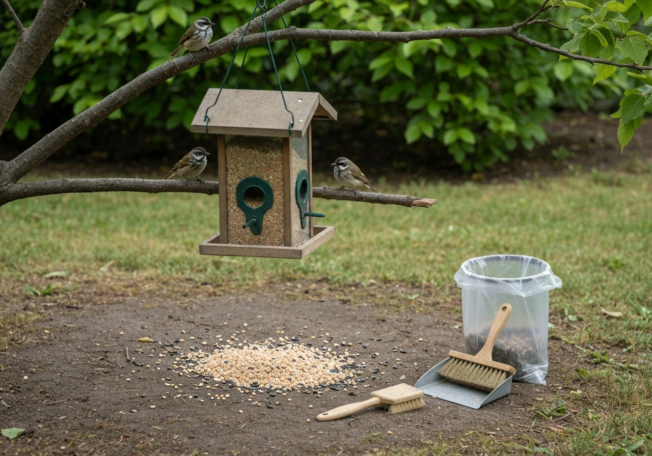 Backyard bird feeder with a small group of songbirds and fresh, clean feeding area in soft daylight.