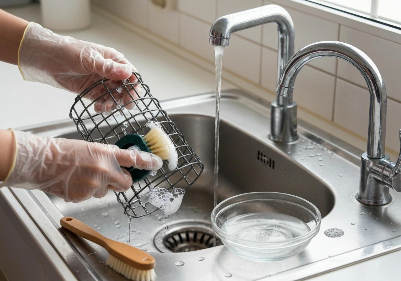 Gloved hands scrubbing a bird feeder with hot soapy water, then rinsing under a clean sink stream