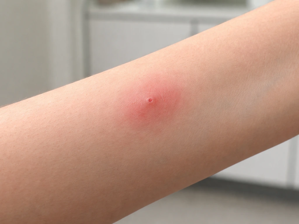 Close-up of a small bite mark on an adult forearm with mild redness and localized swelling.