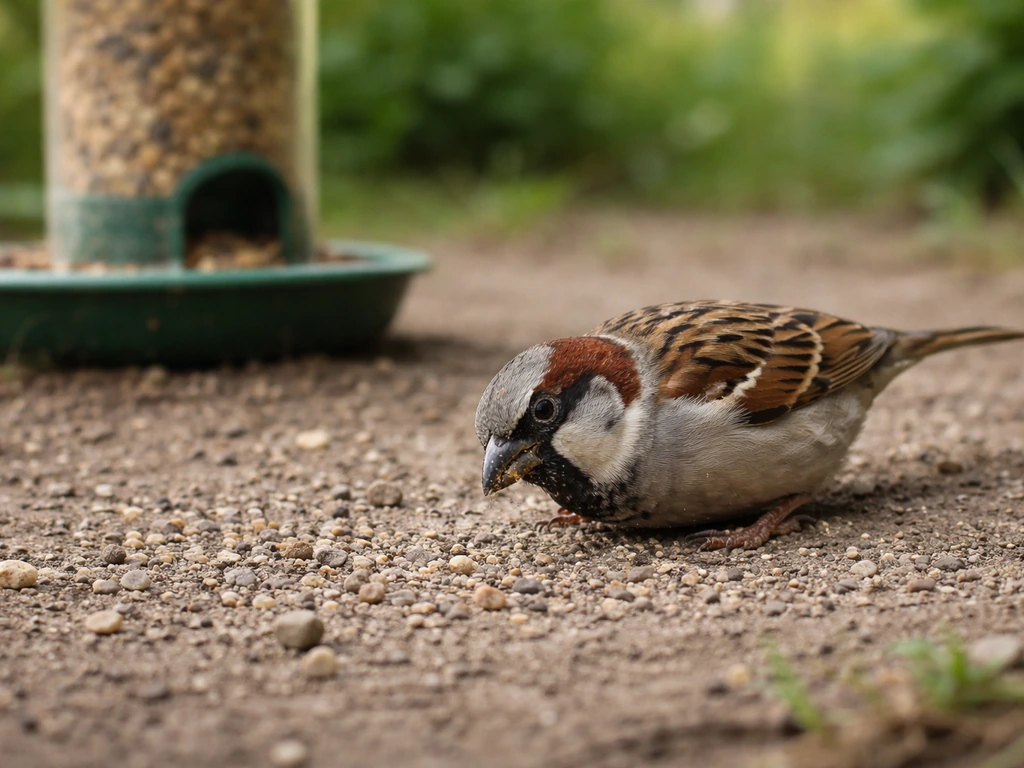 Small bird pecking coarse grit near a backyard feeder on natural soil