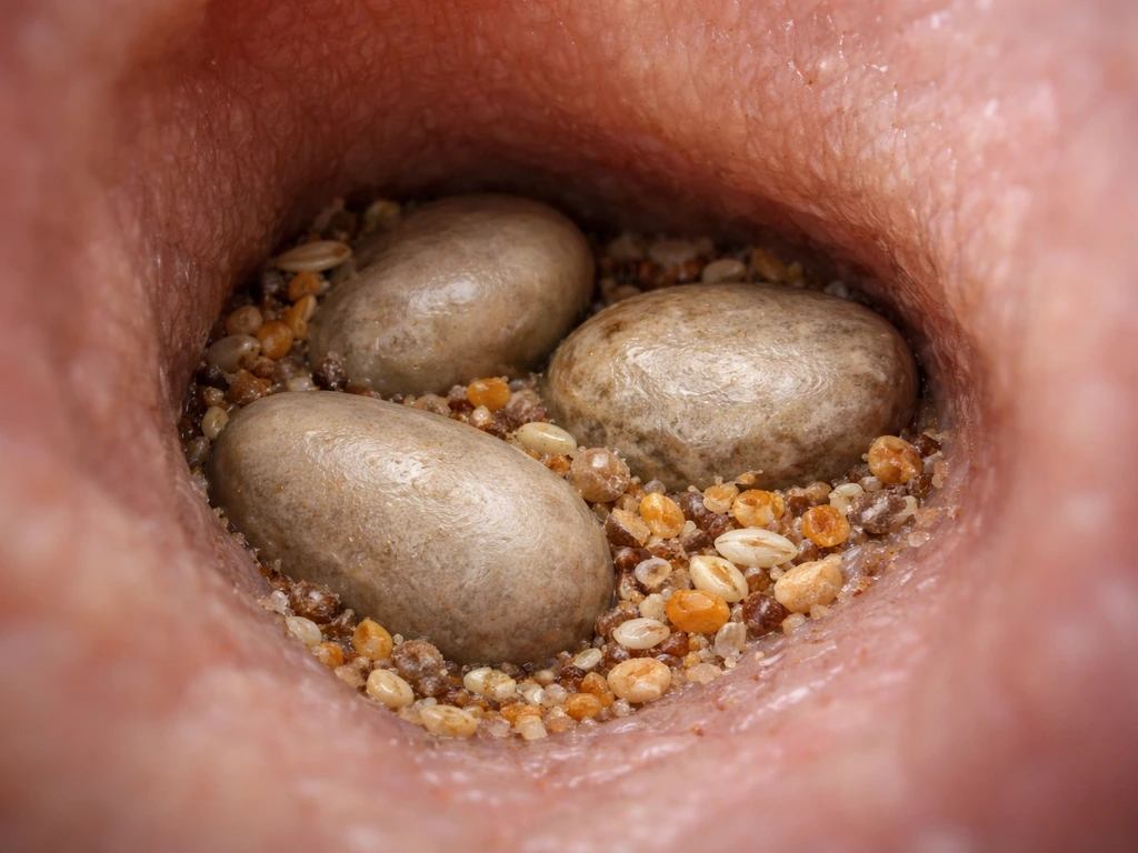 Close-up of a bird’s gizzard-like interior with small smooth stones grinding seeds, realistic minimal scene.