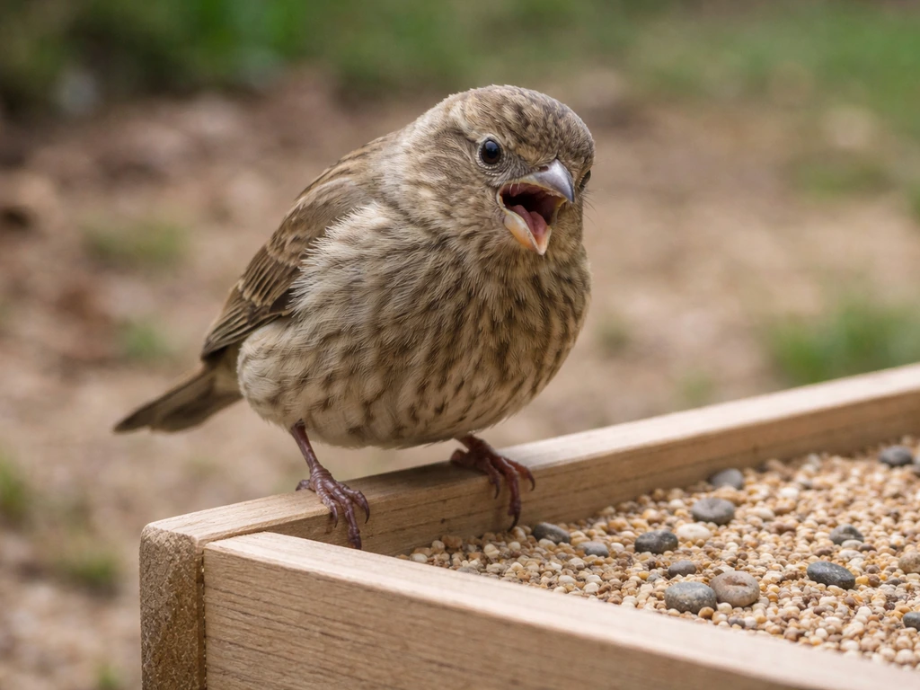 Small bird at an outdoor feeder, hunched and uncomfortable, with a few grit-like stones nearby.
